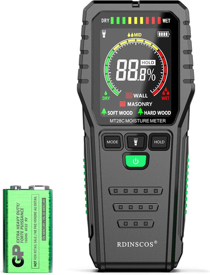 Pinless Moisture Meter for Wood, Floor, Concrete – Digital Moisture Tester with 3-Color LCD Display, Audible Alarm & HOLD Function – Ideal for Firewood, Lumber, Home Inspections (Red_green)