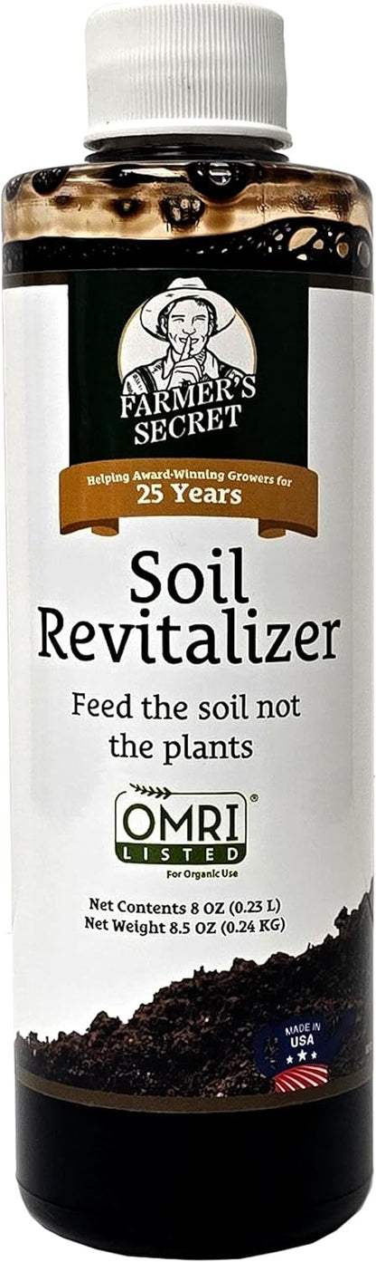 Farmer’s Secret Soil Revitalizer (8oz) - Organic (OMRI Listed) Dirt Health Booster - Liquid Compost Soil Amendment - Activated Humic Acid - Great for Fall Application