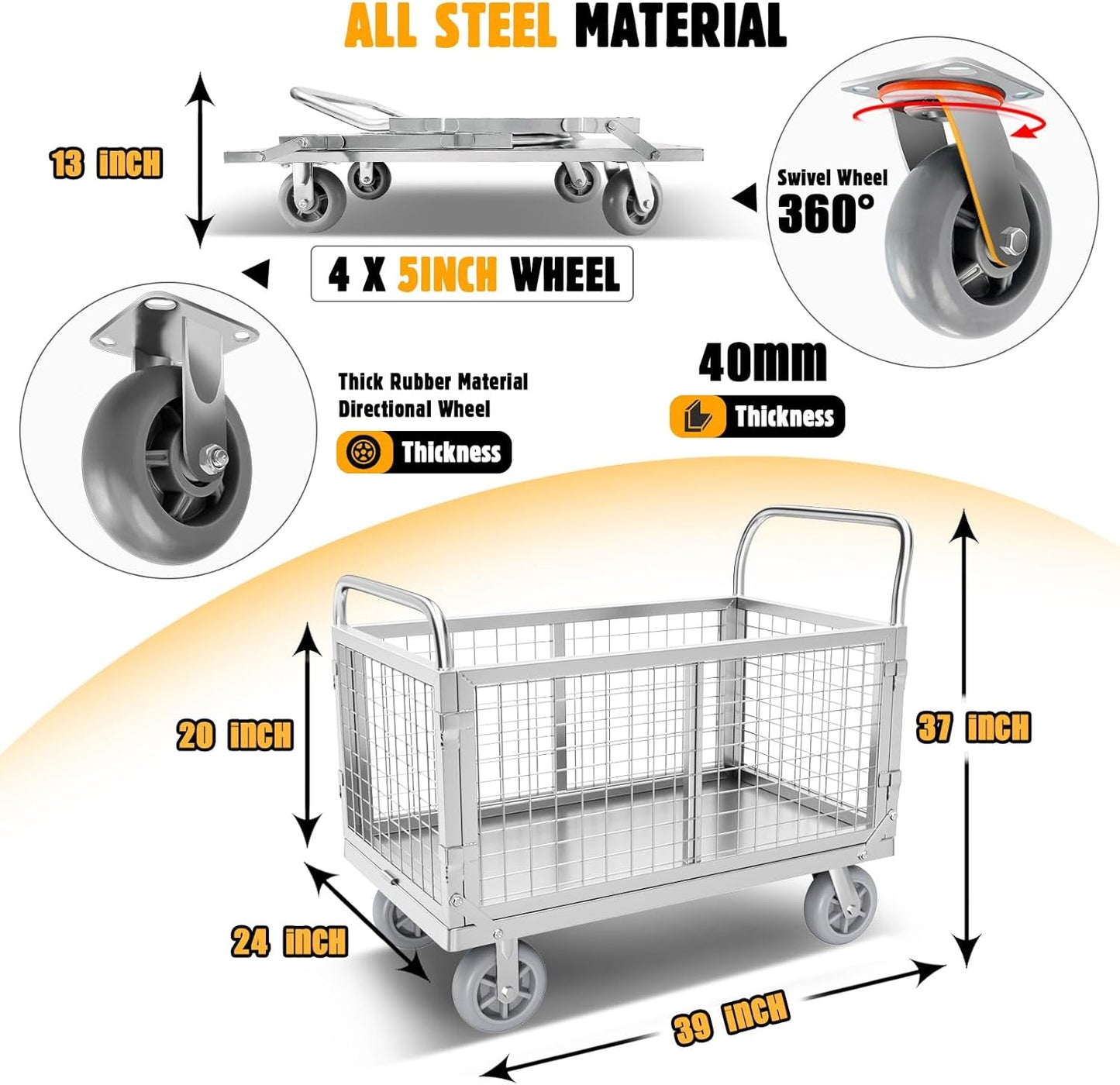 Platform Truck Cart with Cage, Multipurpose 6 in1 Foldable Flatbed Cart Heavy Duty Push Cart Dolly W/Swivel Wheels 2000lbs Capacity Utility Hand Cart for Grocery/Laundry/Stall/Storage