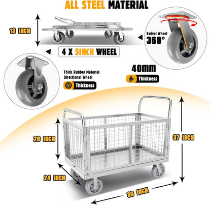 Platform Truck Cart with Cage, Multipurpose 6 in1 Foldable Flatbed Cart Heavy Duty Push Cart Dolly W/Swivel Wheels 2000lbs Capacity Utility Hand Cart for Grocery/Laundry/Stall/Storage