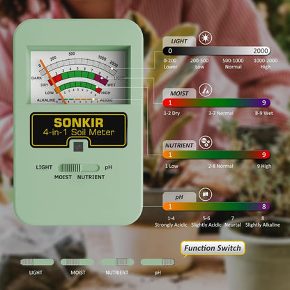 Sonkir Soil Moisture Meter, 4-in-1 Soil Ph Meter, Soil Tester for Nutrients, Moisture, PH and Light, Soil Ph Test Kits for Plant, Great for Garden, Indoor & Outdoor Use (No Battery Required), Green