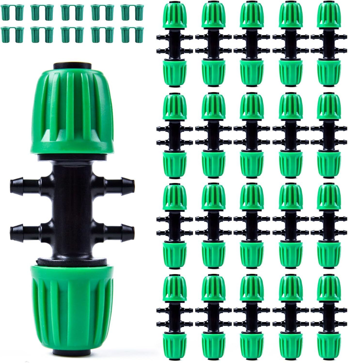 Kalolary 20PCS Barbed Tee 1/2" to 1/4" Drip Irrigation Fittings, Anti-Drop Barbed Hose Parts Connectors for 12mm/16mm to 4mm/7mm Drip Systems 6 Way Adapter（Green）