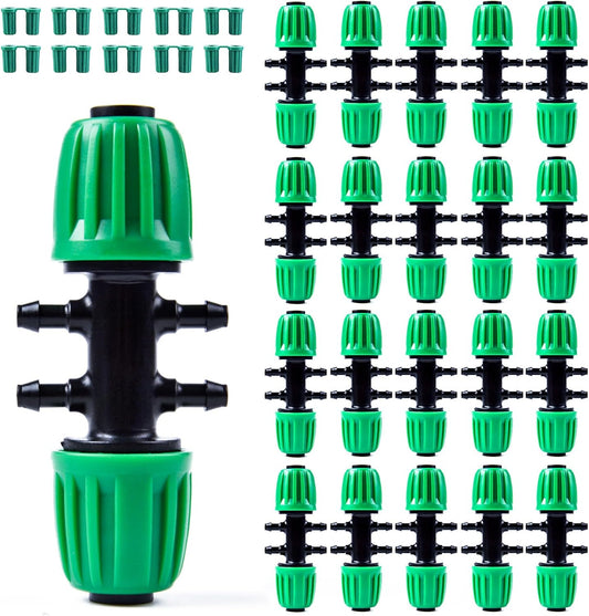 Kalolary 20PCS Barbed Tee 1/2" to 1/4" Drip Irrigation Fittings, Anti-Drop Barbed Hose Parts Connectors for 12mm/16mm to 4mm/7mm Drip Systems 6 Way Adapter（Green）