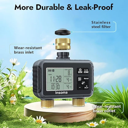 Insoma Water Timer with Brass Inlet & Outlet, 2 Independent Zones Outdoor Hose Timer for Garden Faucet with Auto/Manual/Rain Delay Mode, Sprinkler Irrigation Controller for Yard Lawn