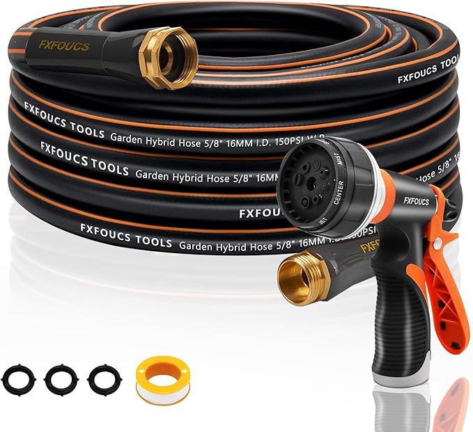 Heavy Duty Garden Hose – 5/8 Inch Flexible, Lightweight Hybrid Hose with 600 PSI Burst Pressure, Swivel Handle, and Durable Copper Male/Female Fittings (Black with hose sprayer, 50FT)