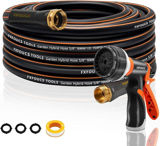 Heavy Duty Garden Hose – 5/8 Inch Flexible, Lightweight Hybrid Hose with 600 PSI Burst Pressure, Swivel Handle, and Durable Copper Male/Female Fittings (Black with hose sprayer, 50FT)