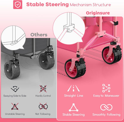 48" L Collapsible Wagon Cart Foldable, 560lbs Weight Capacity 300L Heavy Duty Folding Beach Wagons with Big All-Terrain Wheels, Utility Carts for Groceries, Shopping, Camping, Sports - Pink
