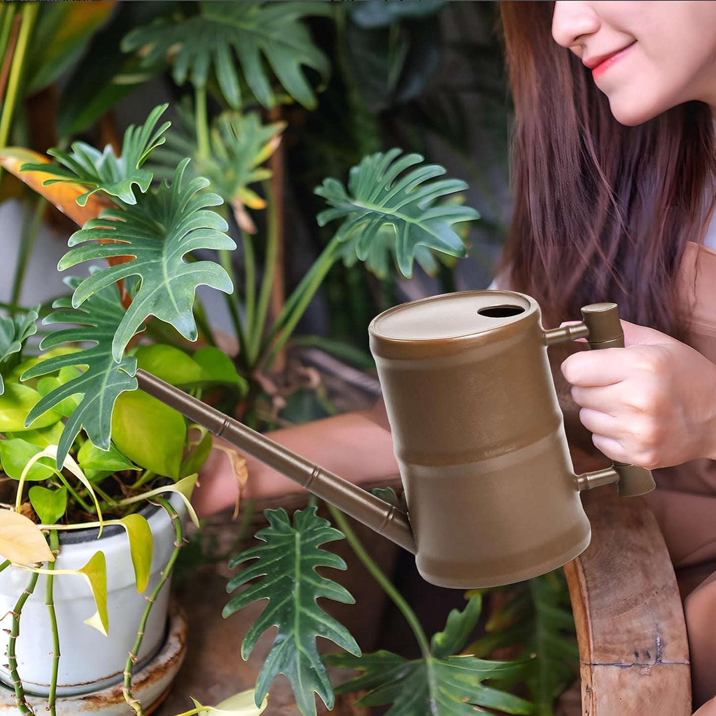 ZXJ Watering Can for Outdoor Indoor Plants - Small Plastic Home Garden - with Long Spout - Brown - 64 Oz - 1/2 Gallon