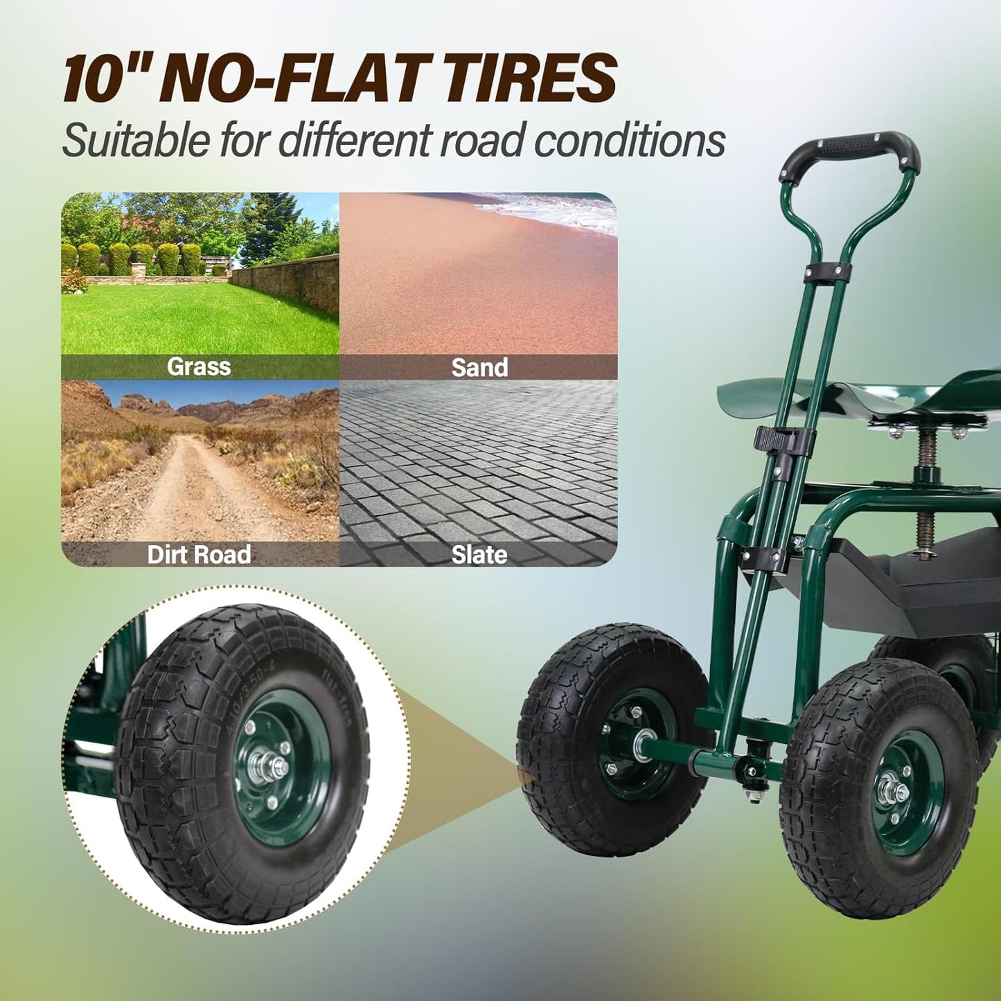 BESTHLS Garden Cart with Seat on Wheels Rolling Gardening Stool with Wheels Heavy Duty for Planting with 360 Degree Swivel Seat Steering Handle & Utility Tool Tray