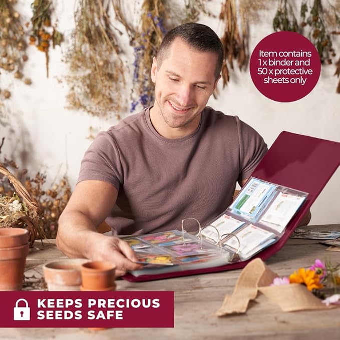 WILDGOOSE Seed Storage Organizer Binder - Seed Packet Organizer with 50 Pack Sheet Protectors That Stores 200 Seed Envelopes. (Raspberry)