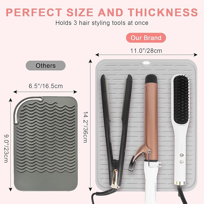 AMIJEAL Oversize Silicone Heat Resistant Mat for Hair Tools, Curling Iron Mat, Hot Tools Holder, Portable Flat Iron Hair Straightener Pad Cover for Travel Vanity Salon(14.2" x 11.0")