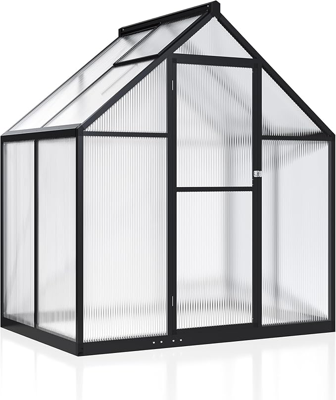 4x6 FT Quick Setup Polycarbonate Greenhouse with Roof Vent, Large Aluminum Walk-in Green House for Outdoor Garden Backyard, Black