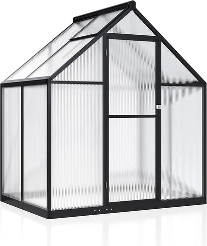 4x6 FT Quick Setup Polycarbonate Greenhouse with Roof Vent, Large Aluminum Walk-in Green House for Outdoor Garden Backyard, Black