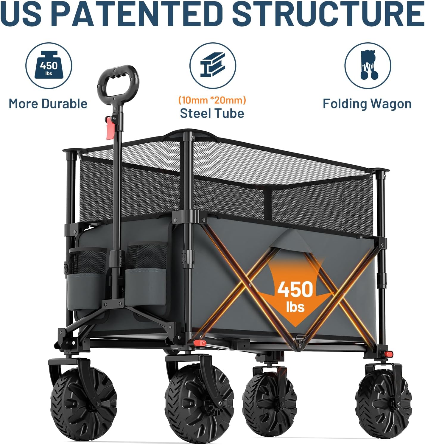 TIMBER RIDGE Foldable Wagon 350L Extendable Height, Large Capasity Collapsible Wagon Cart with All Terrians Detachable Wheels, Compact Folding Utility Wagon for Camping, Fishing, Shopping Grey