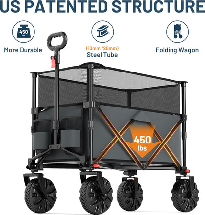 TIMBER RIDGE Foldable Wagon 350L Extendable Height, Large Capasity Collapsible Wagon Cart with All Terrians Detachable Wheels, Compact Folding Utility Wagon for Camping, Fishing, Shopping Grey