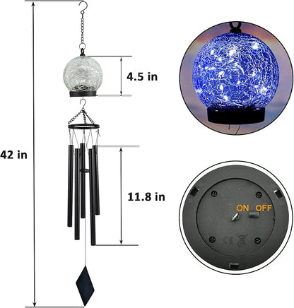 Garden Wind Chimes Outdoor, Solar Hanging Glass Ball Wind Chimes with 15 Blue LEDs 42 Inch Large with Unique Memorial Sympathy Wind Chime Outside Garden Decor as a Gift for Patio, Porch, Balcony