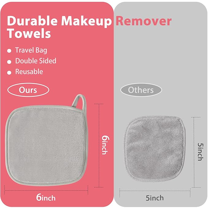Makeup Remover Cloth, 6" x 6" Make Up Towels Reusable Face Cloth for Washing Face, 12 Pack Makeup Remover Pads Microfiber Face Washcloth with Mesh Bag, Light Grey