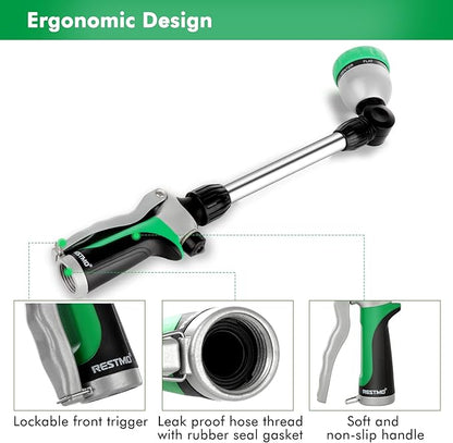 RESTMO Metal Watering Wand, Heavy Duty Garden Hose Wand with 180° Swivel Ratcheting Head, 16-Inch Hose Nozzle Sprayer with 7 Spray Patterns and Flow Control, Ideal to Water Hanging Baskets and Shrubs