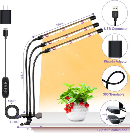 3head Plant Lights, 2Pack Grow Lights for Seed Starting, Full Spectrum Growing Lamps with Clip for Indoor Plants, Auto ON & Off Timer 3/9/12H, 3 Switch Modes, 10-Level Dimmable Brightness