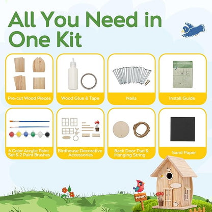 Wooden DIY Bird House Kit for Adults to Build, Outdoor Woodworking Crafts Freestyle Painting, Hanging Birdhouse for Garden Yard Decor Gifts Nesto