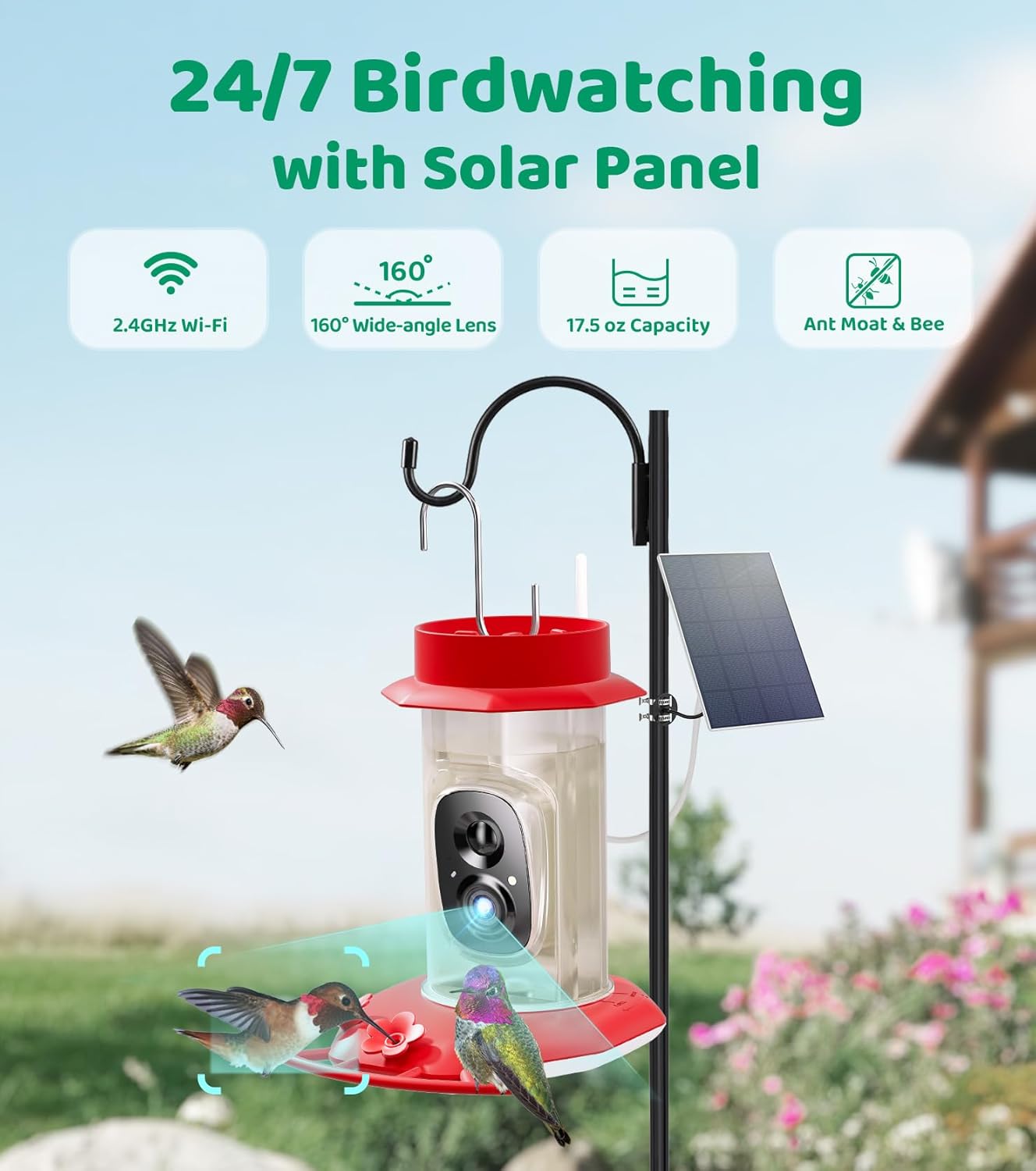 HIXX Smart Hummingbird Feeder with Camera Solar Powered, with Ant Moat & Bee Proof AI Bird Recognition, Easy Clean & Refill, with Coolfly Birdwatching APP, Ideal Gifts for Hummingbird Lover (17.5 oz)
