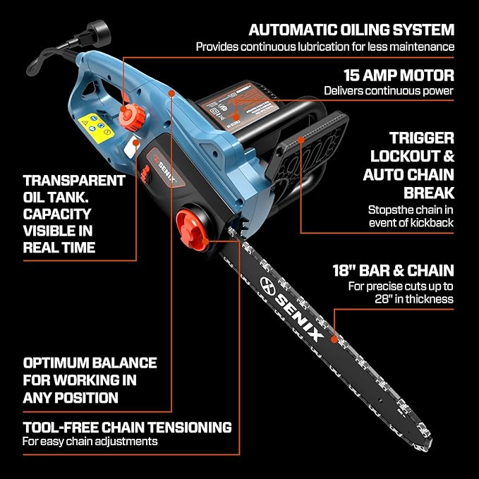 SENIX Electric Chainsaw, 18" Corded Chainsaw,15 Amp Chain Saw for Wood Cutting, Tree Trimming, Garden Tool for Pruning, Branch Cutting, Yard, Fathers Day Gift for Men,Gardener, CSE15-M