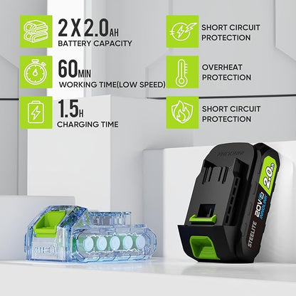 Steelite Leaf Blower Cordless with 2 Battery and Charger, 20V Electric Leaf Blowers, Lightweight Handheld Blower for Lawn Care, Patio, Garden, Grey and Green