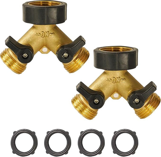 Uptotop Brass Garden Hose Splitter 2 way Heavy Duty, 2 Pack Brass Hose Y Splitter 2 Valves, Y Connector with 4 Extra Rubber Washers