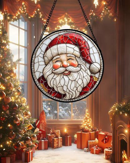 Stained Glass Window Hanging - Red White Santa Claus Suncatcher for Doors Home Christmas Decoration Winter Sun Catcher Thanksgiving New Year Birthday Gifts for Women Men Mom Nana Girl 11.8 in