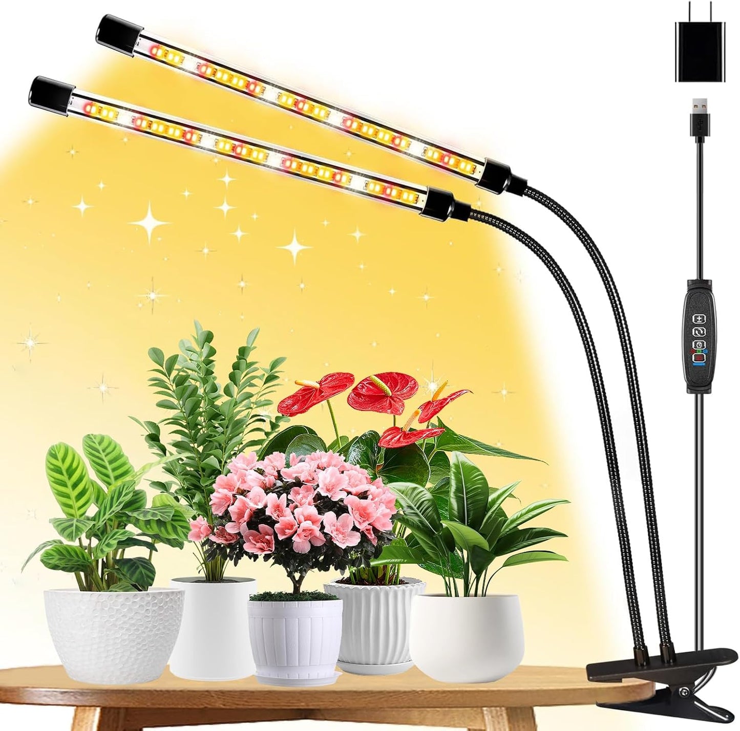 Full Spectrum LED Grow Light for Indoor Plants, 2 Heads Grow Lights for Seed Starting, 10 Dimmable Levels & 3 Timer Modes (3/9/12H), Adjustable 360° Gooseneck with Clip, Plant Grow Lights