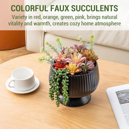 MyGift 10 Inch Modern Artificial Succulent Arrangement Potted in Matte Black Ribbed Ceramic Round Planter, Decorative Plant Pot with Assorted Faux Mini Succulents