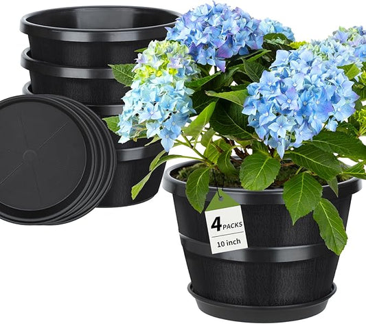 UNEED 10 inch Plant Pots, 4 Pack Plastic Flower Pots with Drainage Holes & Saucers, Retro Outdoor Indoor Garden Planters for Plants, Patio, Lawn Decor (Black)