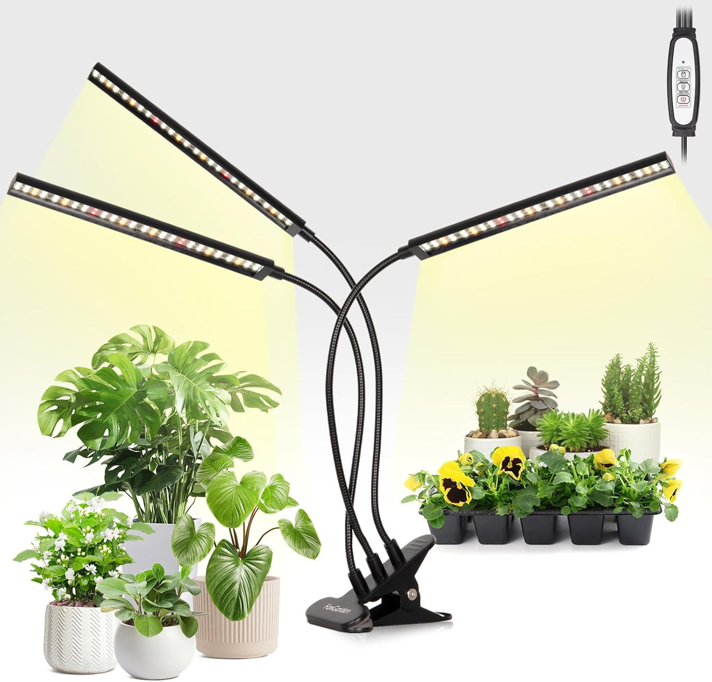 FOXGARDEN Grow Lights Full Spectrum, Tri-Head Plant Lights for Indoor Growing with Flexible Gooseneck, 156 LEDs Clip Grow Lamp with 4/8/12H Timer, 4 Brightness Levels, Ideal for Indoor Growth