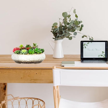 Succulent Pots - 11.5 Inch Ceramic Bonsai Pots with Drainage, Large Shallow Succulent Planters for Indoor Outdoor Plants, Round Glazed Cactus Flower Plant Container Bowl Home Desk Decor(White)