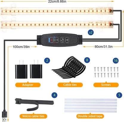 8.6'' Mini Two Strip Growing Lamp for Indoor Plants, 3000K Full Spectrum LED Grow Light Strips with Auto ON/Off 3/9/12H Timer & 10 Dimmable Levels for Green House Succulent (2 Head×2 Pack)