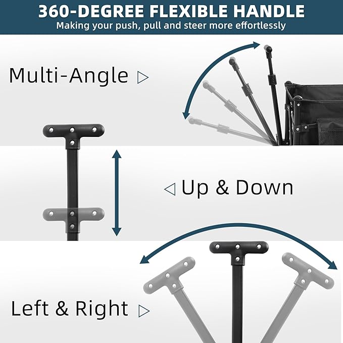 Favoyard Collapsible Wagon Carts Foldable 150L & 360LBS Portable Folding Wagons with All-Terrain Wheels & Brakes Heavy Duty Outdoor Utility Cart for Grocery Camping Shopping Sports Garden, Black