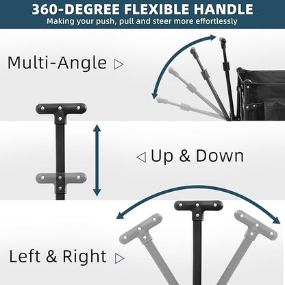 Favoyard Collapsible Wagon Carts Foldable 150L & 360LBS Portable Folding Wagons with All-Terrain Wheels & Brakes Heavy Duty Outdoor Utility Cart for Grocery Camping Shopping Sports Garden, Black