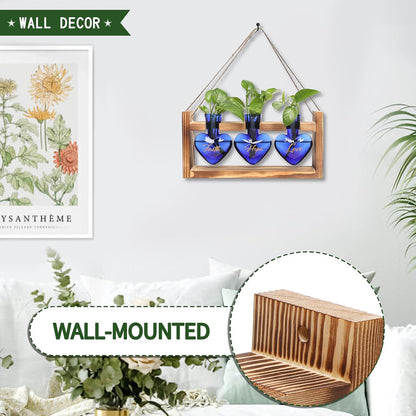 Plant Terrarium Propagation Stations Faith Hope Love Hydroponics Home Garden Decoration Gift for Women with Wooden Stand Heart Shaped Colored Glass Vase