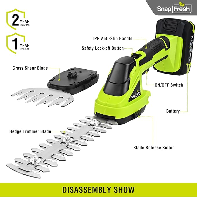 SnapFresh 20V Hedge Trimmer Cordless, 2 in 1 8.67" Electric Shrub Trimmer and 4.72” Grass Shears with 2.0Ah Li-ion Battery and Charger, Handheld Grass Cutter/Bush Trimmer for Garden Yard