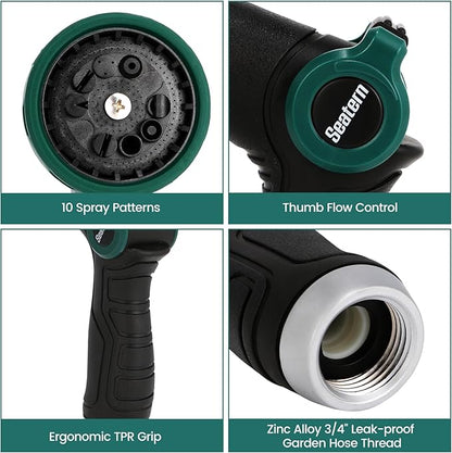 Heavy Duty Garden Hose Nozzle, Water Hose Sprayer Nozzle with Thumb Flow Control, 10 Spray Patterns, High Pressure Hose Nozzle for Lawn & Plant Watering, Car & Pet Washing – Forest Green