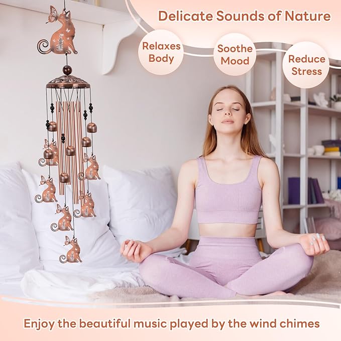 Cat Wind Chimes for Outside, Large Cat Garden Decor Outdoor Wind Chime, Memorial Decor for Women Cat Lover, Kitty Metal 40" Outdoor Windchimes for Lawn, Porch, Patio, Yard, Christmas