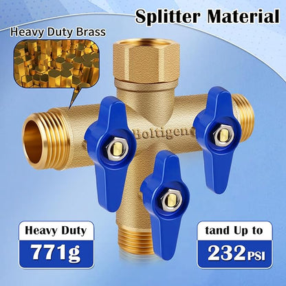 Boltigen 3 Way Garden Hose Splitter with Full Flow Port Heavy Duty Brass Water Hose Splitter 3/4'' GHT "+" Type Hose Connector Fitting Shut off Diverter Control Valve, for Outdoor Faucet Irrigation