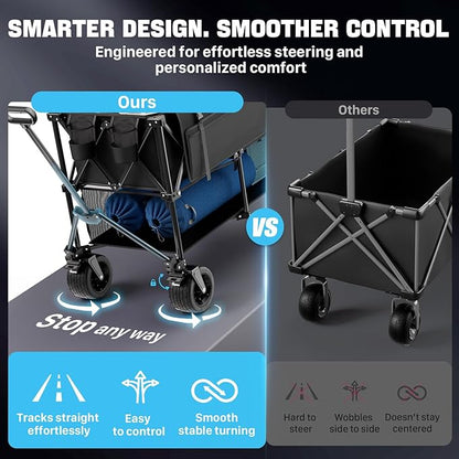 Folding Double Decker Wagon, 560LBS Heavy Duty Utility Cart with Brakes, 400L Wagon Cart with Wheels Foldable, All-Terrain Big Wheels for Camping, Beach, Picnic, Outdoor Use, Black