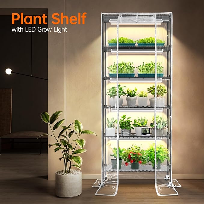 Bstrip Indoor Greenhouse with Grow Light, DIY Plant Shelf with Cover, 6 Tier Plant Stand, 5 Pack 150W Full Spectrum Grow Lights with 3 Color Mode For Indoor Plants, Seed Starting, 29.5"L×13.8"W×71"H