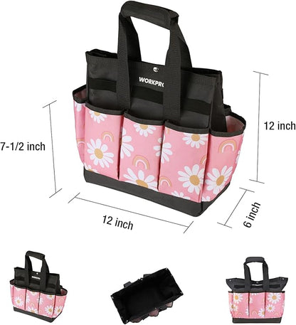 WORKPRO Garden Tool Bag, 9 Pockets Gardening Bag, Heavy Duty Oxford Garden Tote Caddy (Tools NOT Included), 12" x 12" x 6"-Pink Ribbon