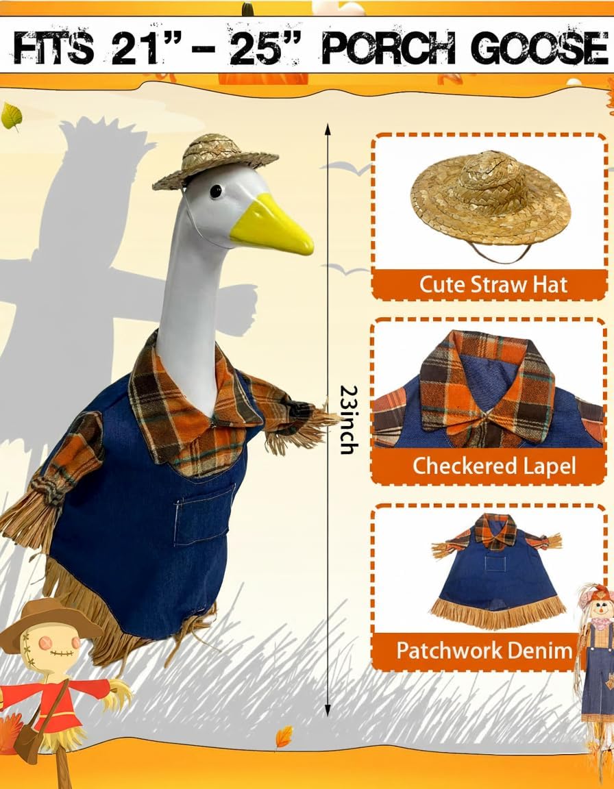 Scarecrow Porch Goose Outfits for 23 Inch Lawn Statue, 2 Pcs/Set Lawn Cement Goose Clothes for Thanksgiving Day, 23" Patio Yard Garden Geese Fall Costume Decoration