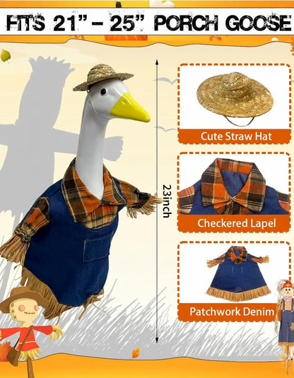 Scarecrow Porch Goose Outfits for 23 Inch Lawn Statue, 2 Pcs/Set Lawn Cement Goose Clothes for Thanksgiving Day, 23" Patio Yard Garden Geese Fall Costume Decoration