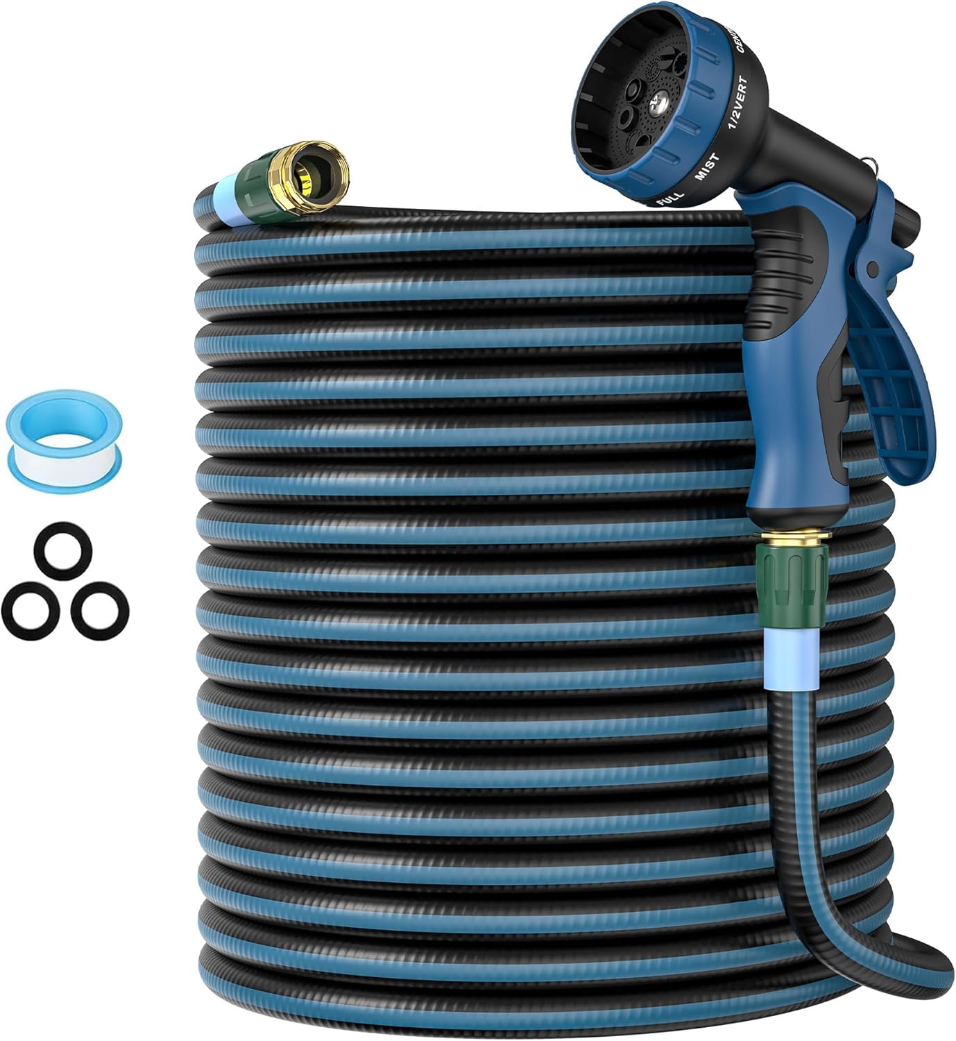 Heavy Duty Non-Expanding Garden Hose 50ft - Durable Reinforced Water Hose with Leak-Proof Construction ， Kink-Resistant, TPV material, 10-Function Spray Nozzle, 3/4" Connector & Portable Strap（50FT)