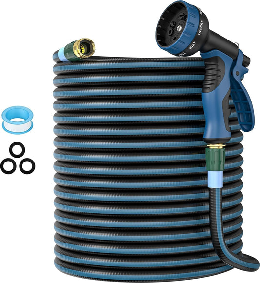 Heavy Duty Non-Expanding Garden Hose 100ft - Durable Reinforced Water Hose with Leak-Proof Construction ， Kink-Resistant, TPV material, 10-Function Spray Nozzle, 3/4" Connector & Portable Strap（100FT)
