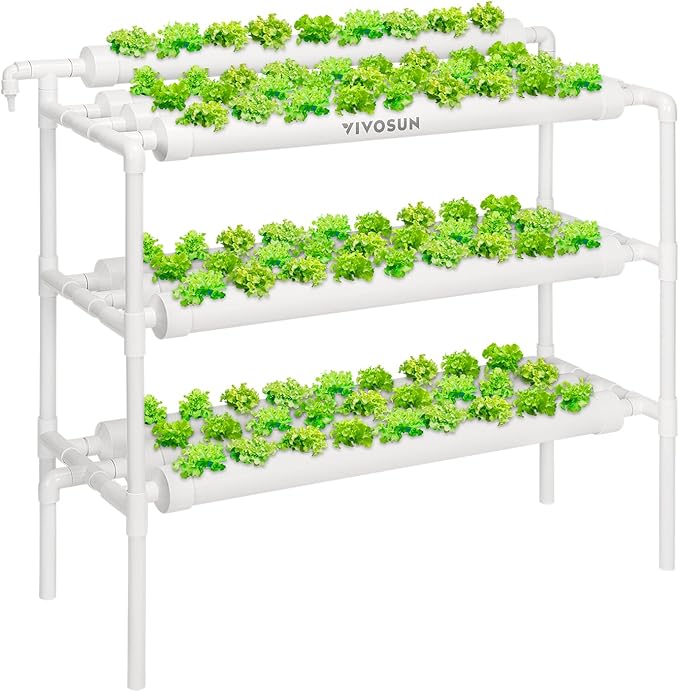 VIVOSUN Hydroponics Growing System 90 Plant Sites, 3 Layers 10 Food-Grade PVC-U Pipes Hydroponic Gardening System Grow Kit with Water Pump, Pump Timer, Nest Basket and Sponge for Leafy Vegetables